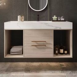 39.4" Wall Mounted Floating Bathroom Vanity with Ceramic Sink, Two Soft-Close Drawers, and White Slate Top