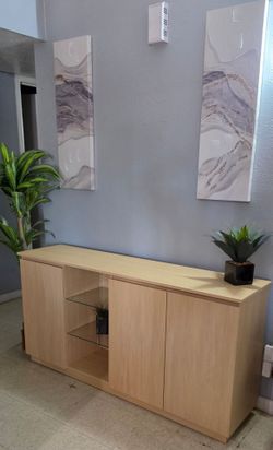 Modern Sideboard Buffet with LED Lights, 3-Door Natural Wood Grain Credenza with Glass Shelves 🌱