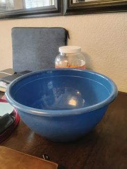 Big blue plastic mixing bowl