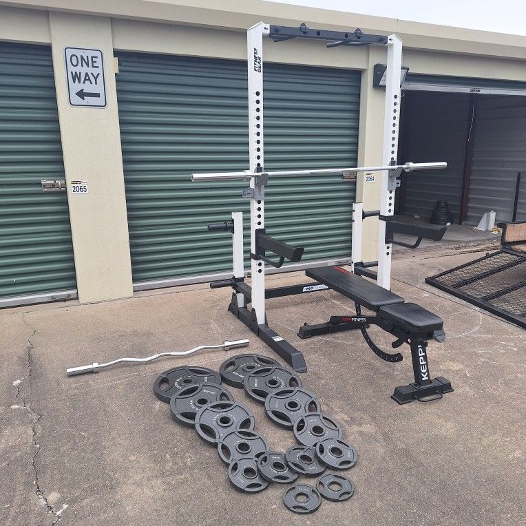 Gym Set With Rack, plates, bars and bench