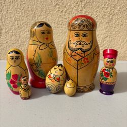Vintage Russian Nesting Dolls Pyrography Family Set Wood Burned Matryoshka 7pc