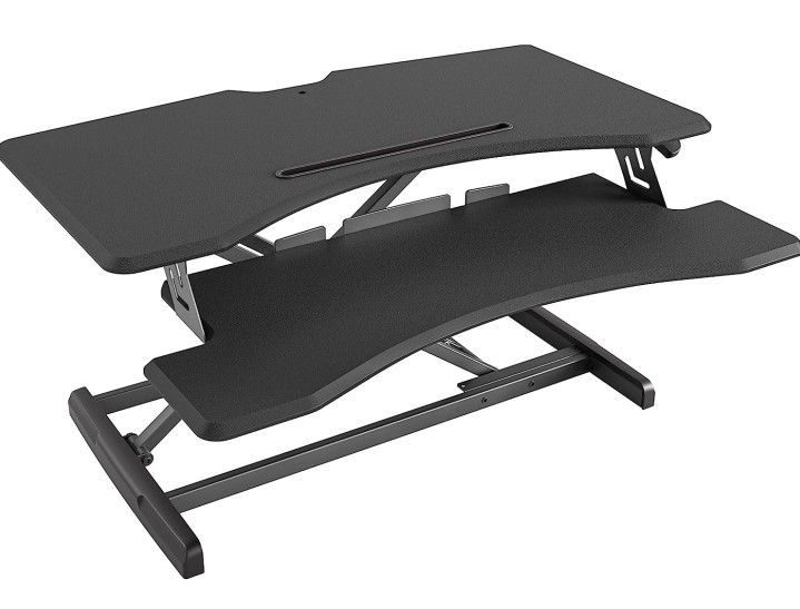 FEZIBO Height Adjustable, Desk Converter Stand up Riser Tabletop Workstation fits Dual Monitor 37 inches Black