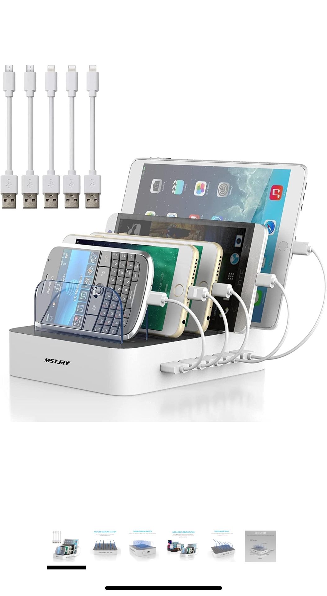 Charging Station for Multiple Devices, MSTJRY 5 Port Multi USB Charger Station with Power Switch Designed for iPhone iPad Cell Phone Tablets (White, 6