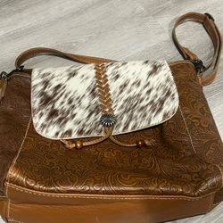 Brown Tooled Leather Purse With Hair Leather Flap