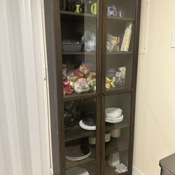 Modern Dark Wood Cabinet with Glass Doors – Great Condition