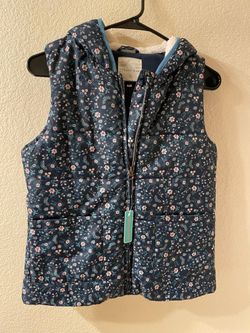 Copper Key Girl's Puffer Blue Floral Vest With Hood, Size L (14-16)