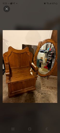 AA LAUN Vintage-Style Solid Oak Entryway Hall Tree Bench with Etched Mirror & Storage