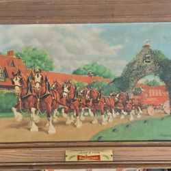 50s VINTAGE WORM HOLE FRAMED BUDWEISER CLYDESDALES PRINT