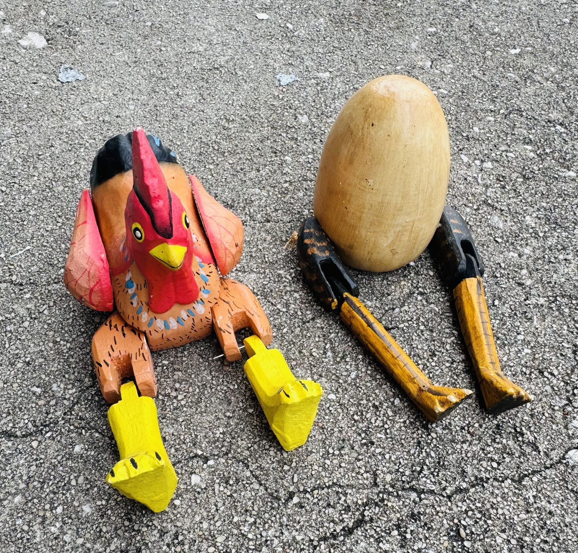 Wooden Hand Painted Rooster Chicken & Egg - Jointed Legs - Articulated - $10 for Set of Figurines