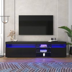 Black TV Stands LED Light Media Entertainment Center Cabinets TV Console Tables w/ Multi-Functional Storage, Home Theatre