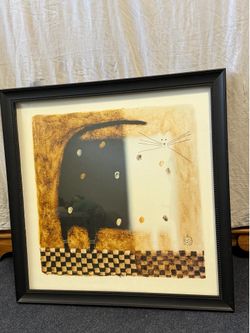 Framed Black Cat Artwork - Decorative Wall Picture - Used