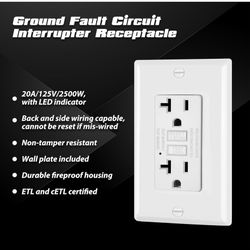 GFCI Outlets, Receptacles 20 Amp, Non-Tamper Resistant, Wallplate, ETL White