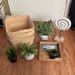 Home Decor Set: Candles, Fake Plants, Wicker Baskets
