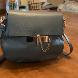 New Purse Real Leather Steele Blue Grey With Plastic Still On Inside Zipper And Label.  Est 12 Tall 10 Wide With Long And Short Straps For Multi Looks