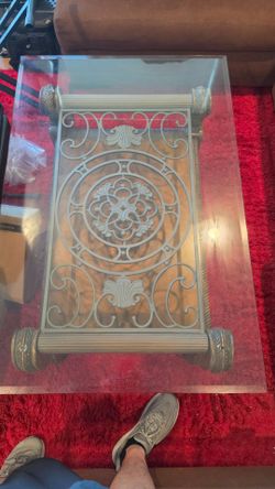 Glass Top Coffee Table with Ornate Metal Base