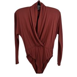 Escada Maroon V Gathered Neck Silk Long Sleeve Body Suit Blouse Size 36