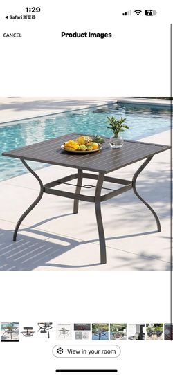 New in box PHI VILLA Patio Table w/Umbrella Hole, Black Metal Dining Table for 4 37" wrought iron table, weather resistant. Slatted table top design. 