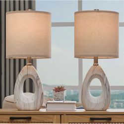 Set of 2 20" White Ceramic Oval Lamps with Natural White Marble Finish Look