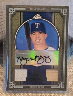 2005 Donruss Michael Young Autographed w/ Game Used Jersey & Game Used MLB Baseball Card #02/25