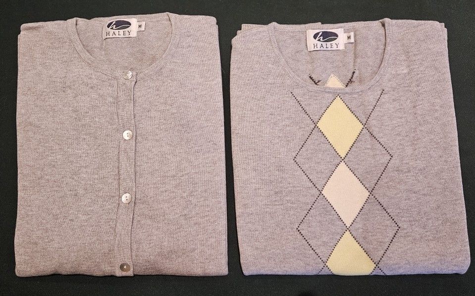 New! Haley brand Gray Argyle and plain knit matching sweaters. Size M