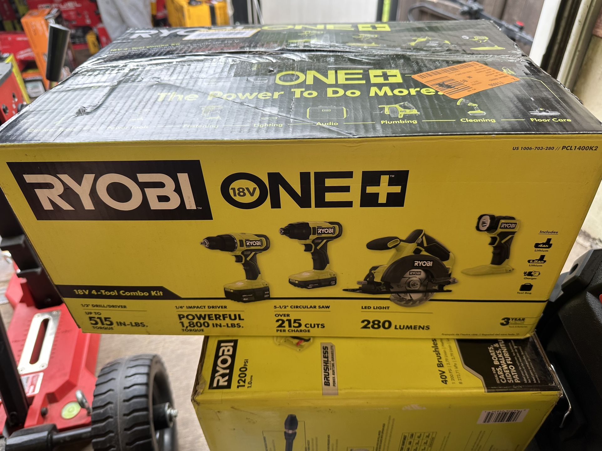 RYOBI ONE+ 18V Cordless 4-Tool Combo Kit with 1.5 Ah Battery, 4.0 Ah Battery, and Charger