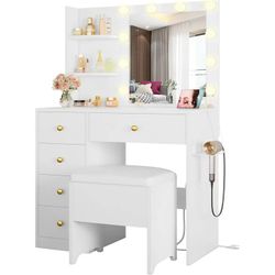 White Vanity Table w/ LED Mirror, Stool & Power Outlets