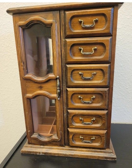 Vintage 1981 Wooden Jewelry Box with Mirror and Drawers Avon Team Leader 1981