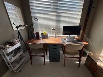 Mid-Century Modern Double Desk Set – 2 Chairs, Drawers & Lamp