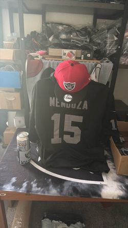 Raiders  15 Mendoza jersey 950 snapback cap and 12 ounce canned cooler bundle