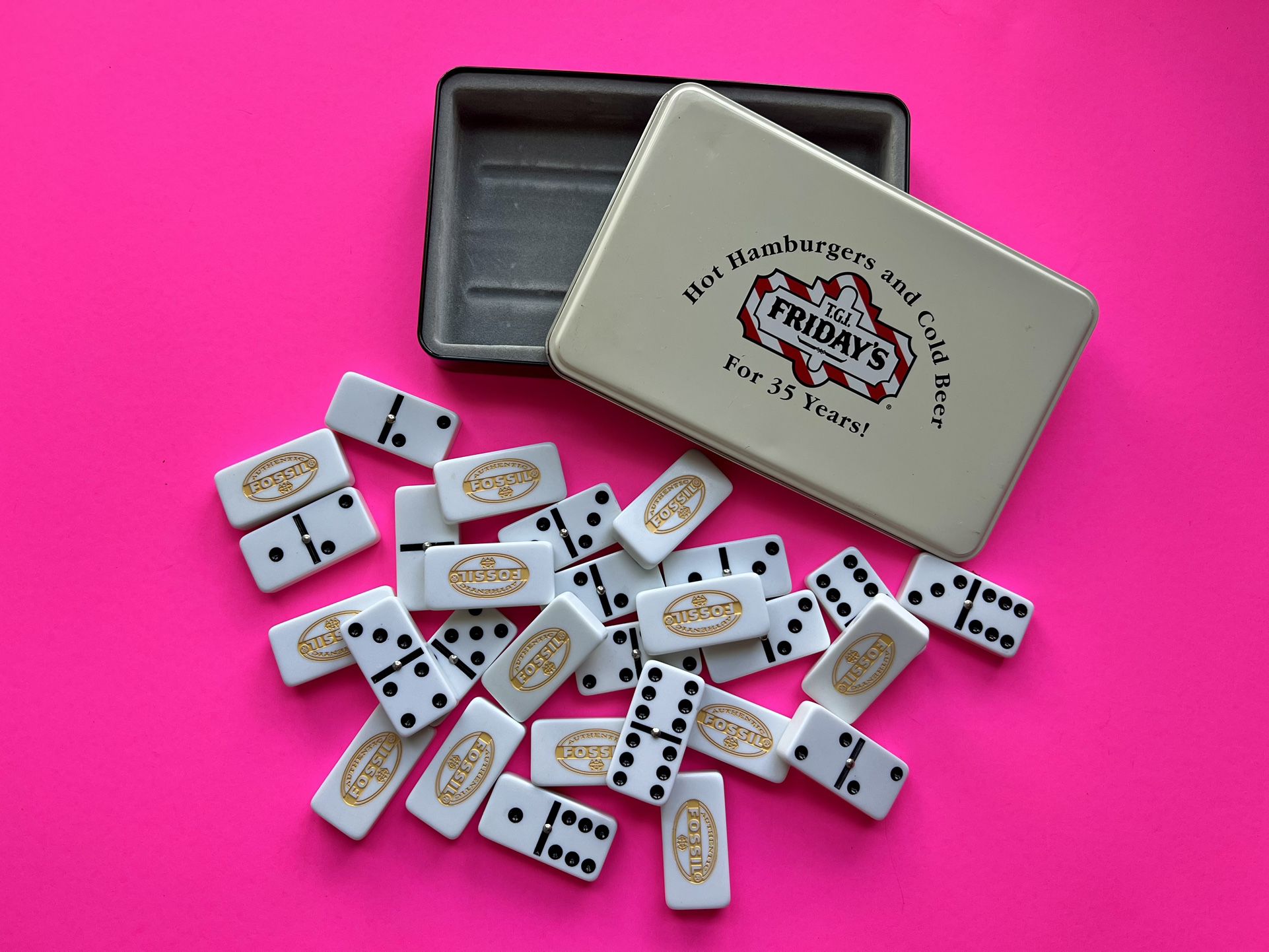 Vintage Dominoes Complete In Tin T.G.I. Fridays 35th Anniversary Fossil Clay 