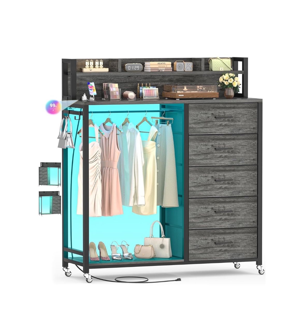 Dresser for Bedroom with Clothes Rack & Shelves, 5 Drawers Dresser with Charging Station & LED Lights, Chest of Drawers with Lockable Wheels, Storage 