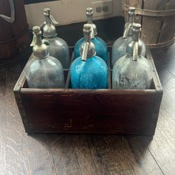 Vintage seltzer bottles set of six with holder