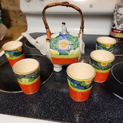 1927 Japanese Teapot Lucky Elephant W/rider Hand Painted Bamboo W/Handle W/cups