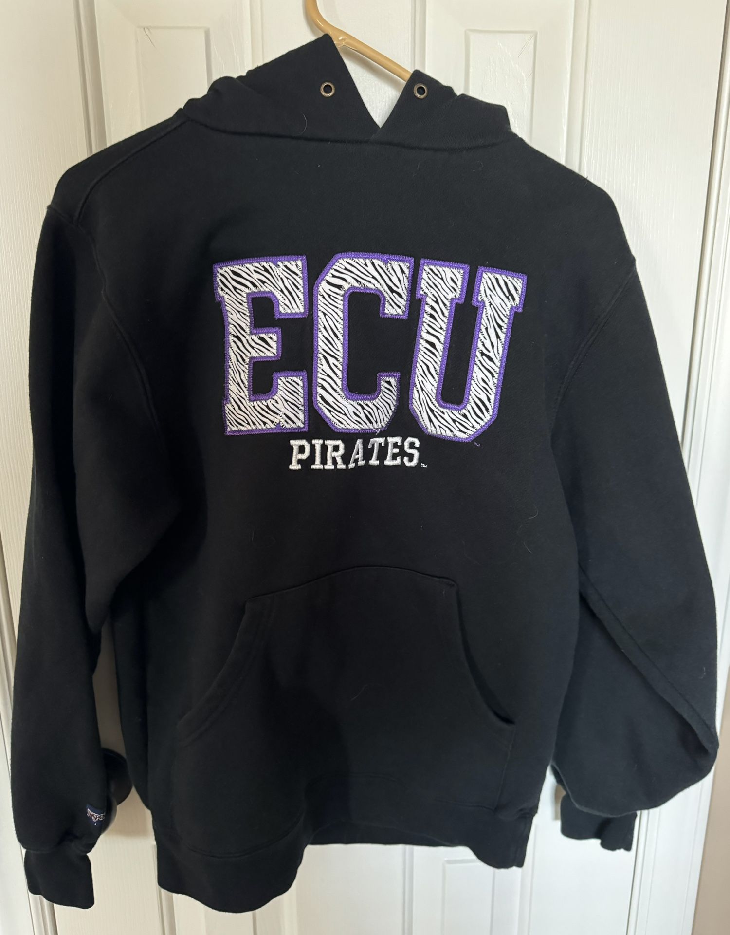 Sz S ECU Pirates (Eastern Carolina University) hooded sweatshirt w front pouch. No drawsting 4 hood