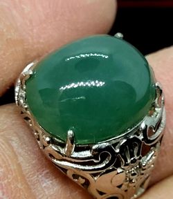 Natural Burmese Jadeite jade typeA Cabochon ring in silver.