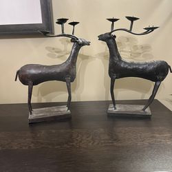 Pair Vintage Large Brutalist Style Stag Deer Candle Handle Holders