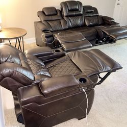Elegant Brown Leather Electric Recliner living room set