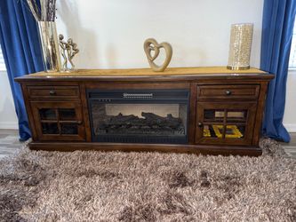 Dark Wood TV Console with Electric Fireplace - 72” Wide Storage Cabinets & Drawers