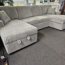 Brand new gray fur-like corduroy U sectional sofa sleeper with dual storage chaises