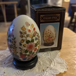 Italian Style Large Vintage Ceramic egg. Hand Painted Flowers Beautiful In Box