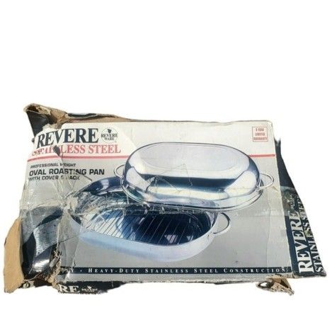 Revere Ware 60099 Stainless Steel Oval Roasting Pan + Cover & Rack NEVER USED