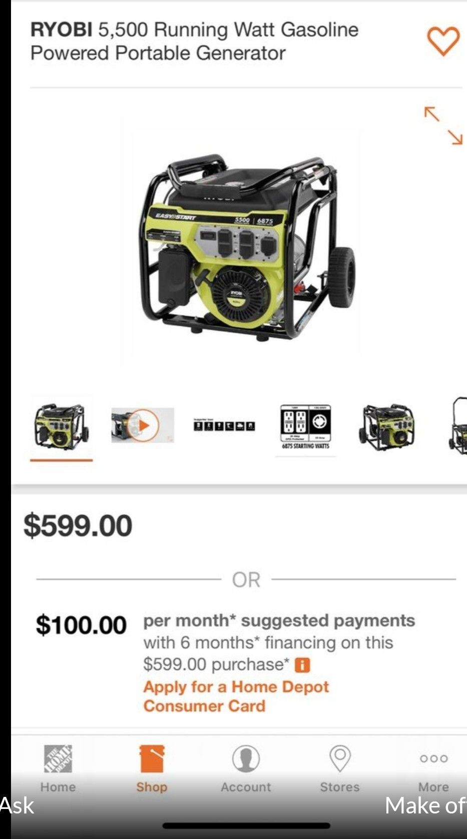 Ryobi 5500 watt Portable generator with easy start new for Sale in