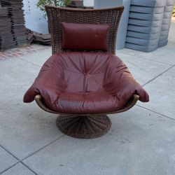 Mid-Century Gerard van den Berg Brown Rattan and Leather Lounge Chair