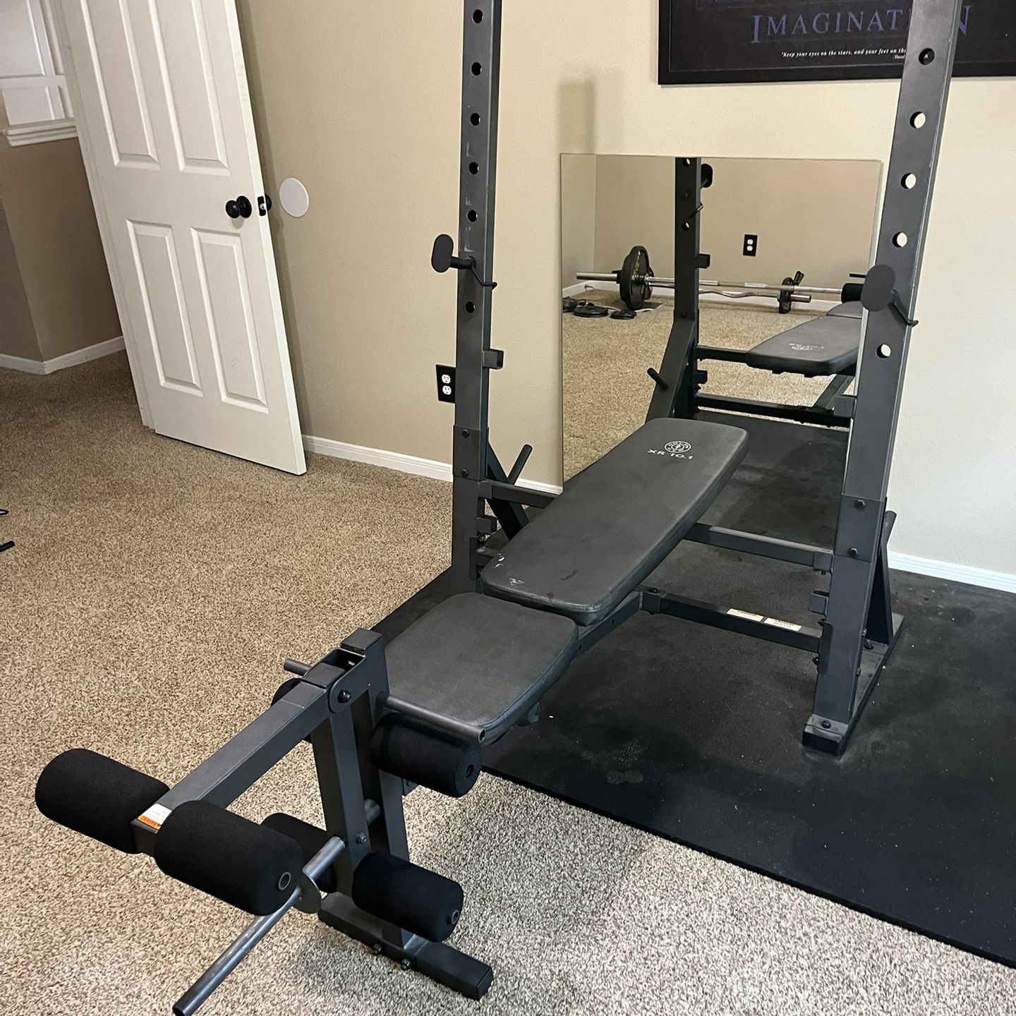 Weight Bench, Bars, and plates