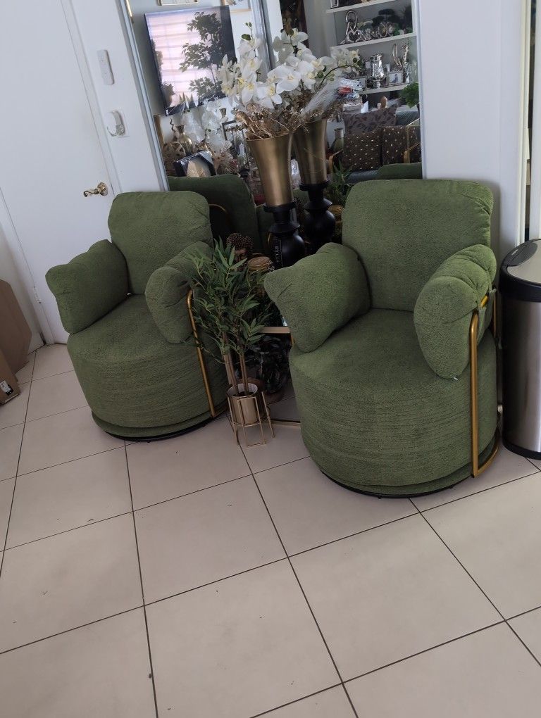 Two Armchairs Cushion, Rotating Comfortable Gold and,Green .New!!
