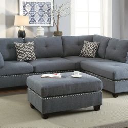 Brand New Blue Grey 3pc Reversible Sectional Sofa With Ottoman