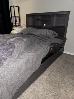 Queen Sized Bed frame with Storage, Headboard Charging Station and LED lights