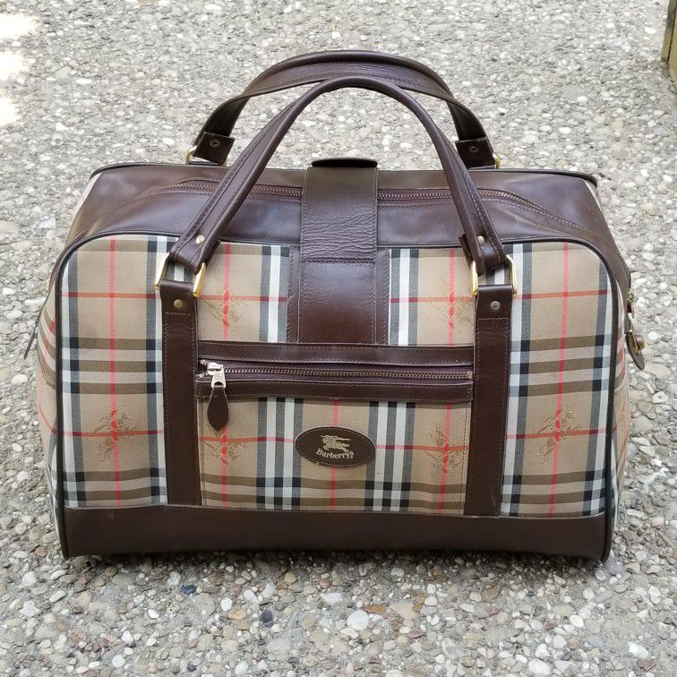vintage Burberry Leather and canvas saddle duffle weekender travel Carryall bag