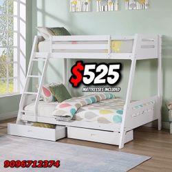 Twin/Full White Bunk bed w. Drawers & Ortho Mattresses Included 