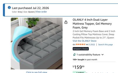 Queen Mattress Topper (Gel Memory Foam, Gray) — $50